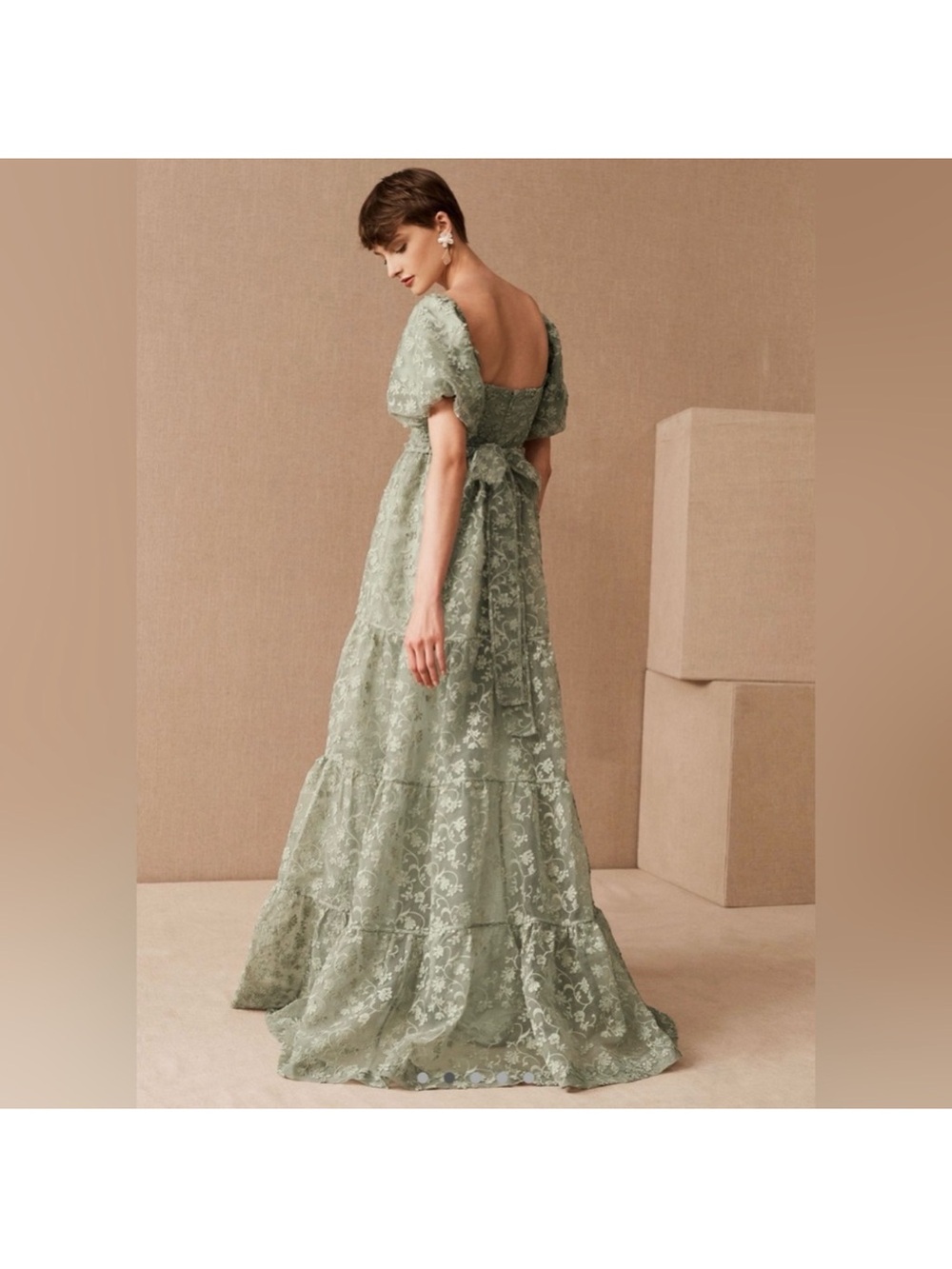 BHLDN Beatrice Organza Sage Green Lace Maxi with Puff Sleeves